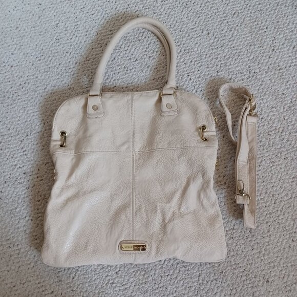 Steve Madden Chunky Gold Chain Purse Tan Faux Pebble Leather Zippers Tote Bag - Picture 2 of 8